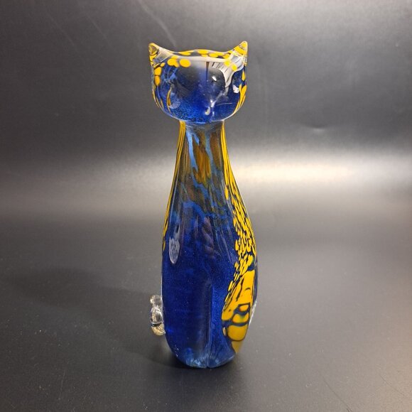 Handmade Pfeiffer Blown Glass Cat Figurine Blue Yellow Art Decor Collectible - Picture 1 of 8